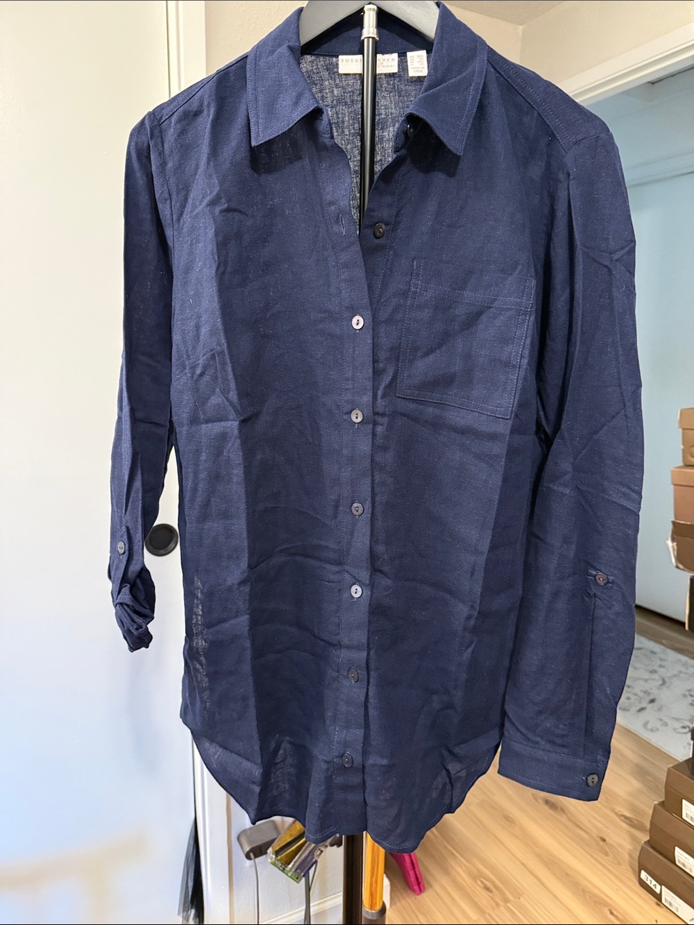 Susan Graver Navy Long-Sleeve botton- down Shirt size xxl NWUT
